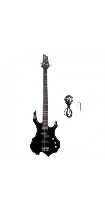 Glarry Burning Fire Electric Bass Guitar Full Size 4 String Cord Wrench Tool Black