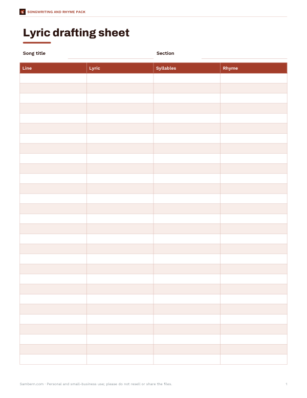 Preview of Printable Lyric Writing Sheet